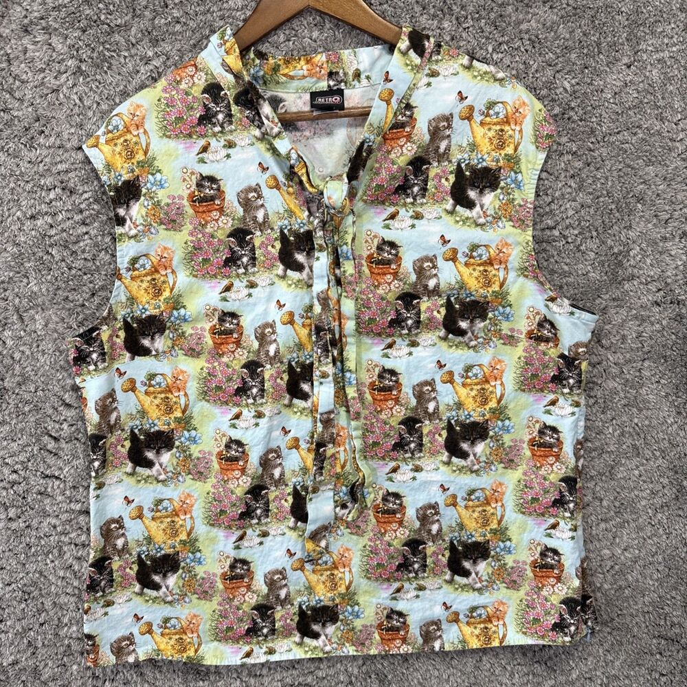 Vintage Retrolicious Sleeveless Cat Blouse Top 2XL Garden Outdoor Cute Retro